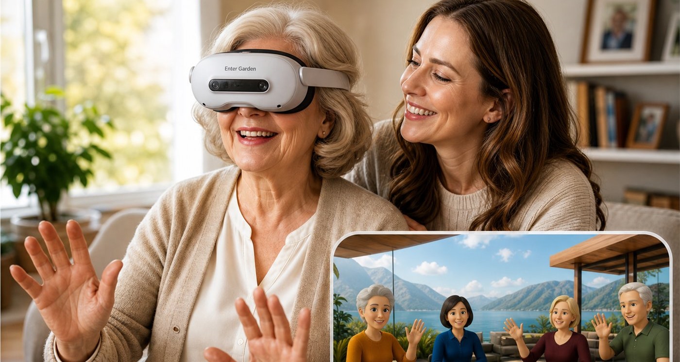 Older woman comfortably using a Garden VR headset at home