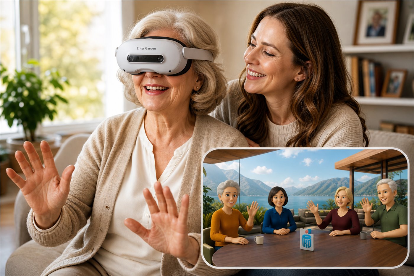 Older woman comfortably using a Garden VR headset at home