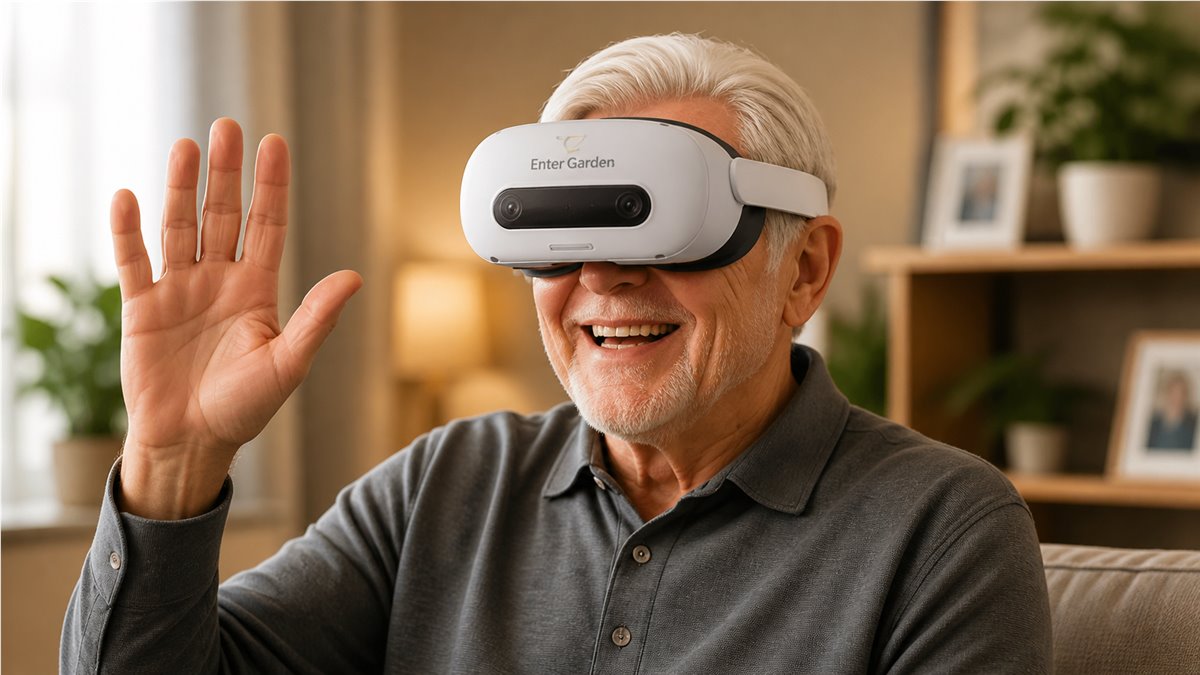 Older man smiling while using a Garden VR headset at home